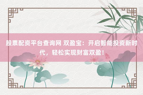 股票配资平台查询网 双盈宝：开启智能投资新时代，轻松实现财富双盈！
